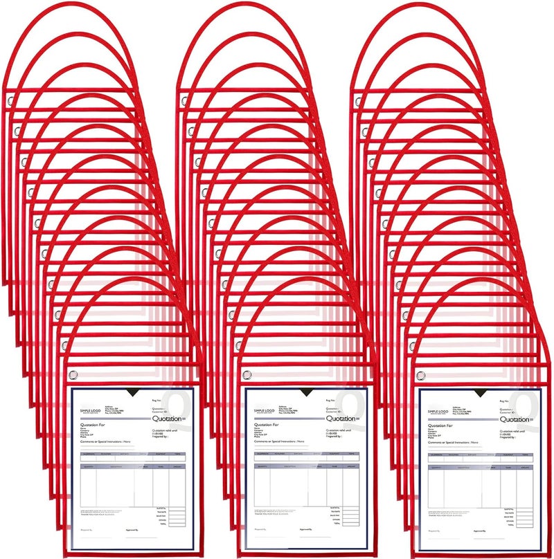 Geyee 50 Pack Job Ticket Holders Work Order Pockets for 9 x 12 Inch Hanging Sleeve Plastic Shop Ticket Holders with Strap, Both Sides Clear(Red) - Image 1